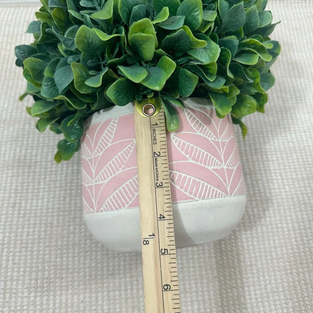 Artificial Boxwood Topiary Ball in Pink Etched Leaf‎ Ceramic Pot 10in Green Faux
